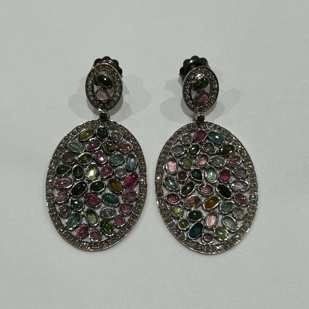 Bavna Sterling Silver Multi Color Tourmaline & Diamond Drop Earrings